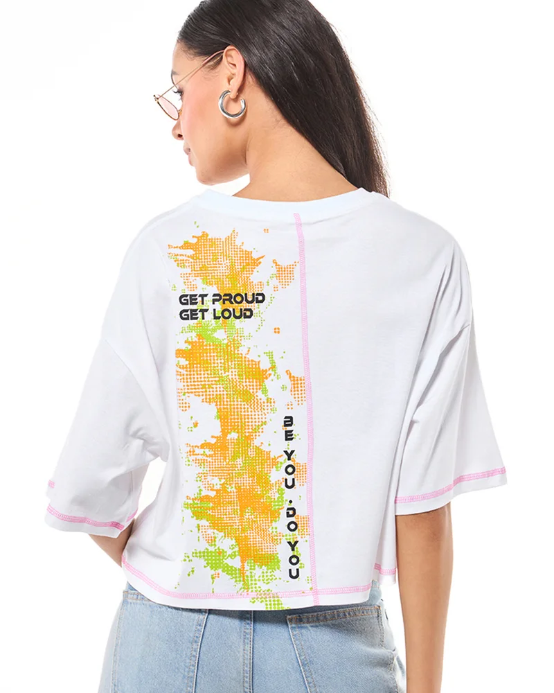 بيواكوف Women's White Human Graphic Printed Oversized Short Top